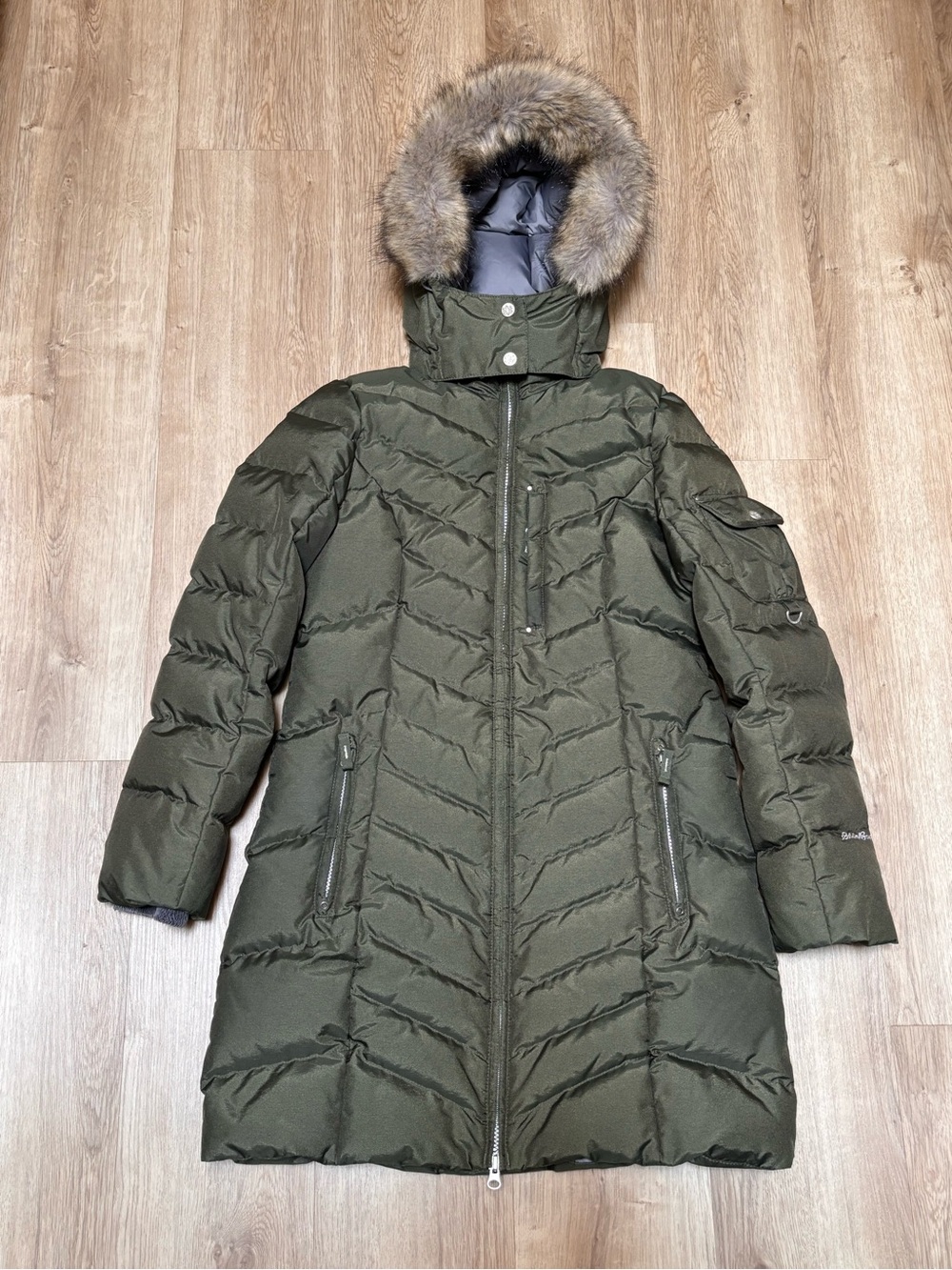 Eddie Bauer Sun Valley Down Parka Olive Green Quilted Faux Fur Hood